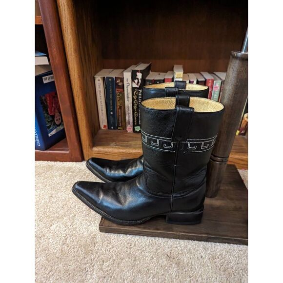 Rudel Rogers black pointed toe cowboy boots sz 8 EE white Aztec style stitching - Picture 2 of 6